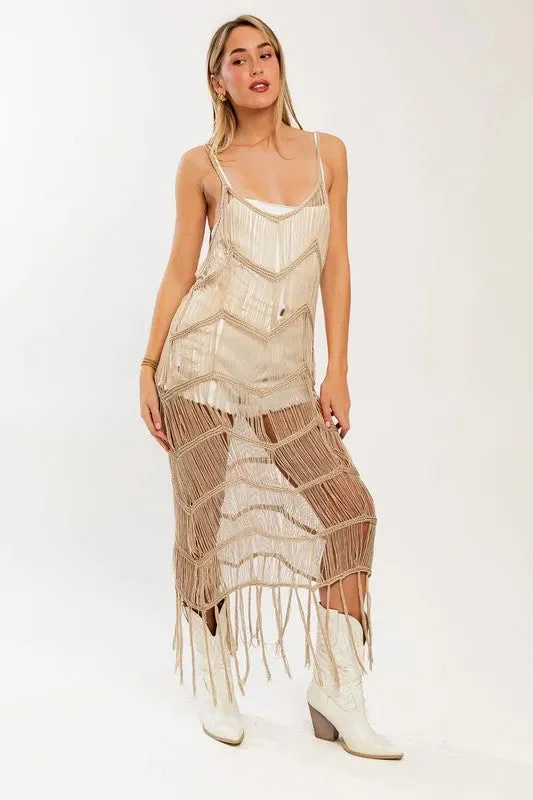 Boho Fringe Chevron Pattern Western Maxi Dress | Beach Cover Up Caftan Tunics Practical easy-care