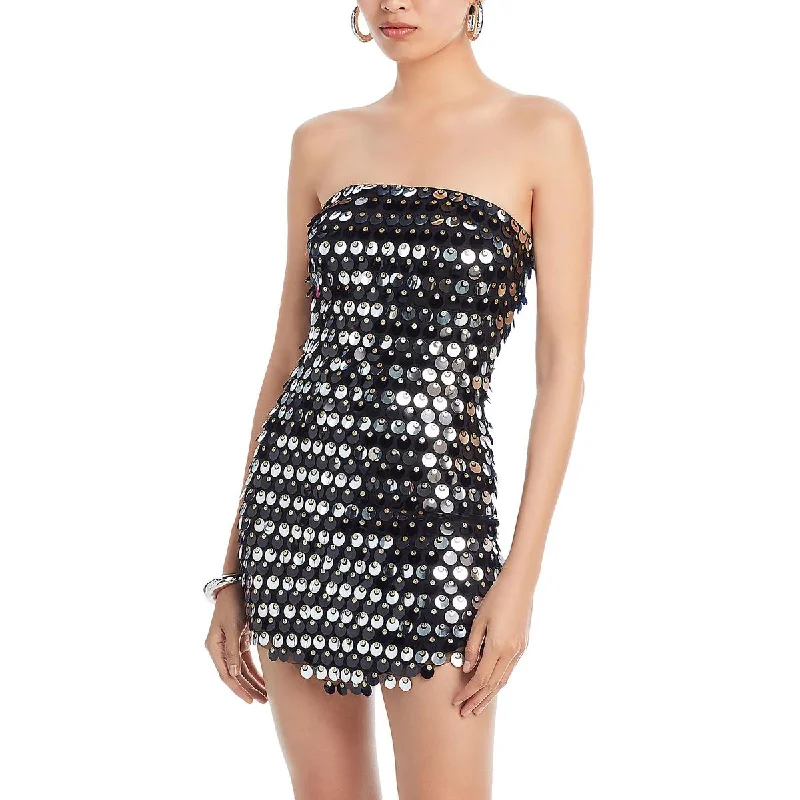 Womens Paillettes Strapless Mini Dress Shift Classic Vintage