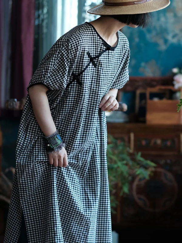 Women Artsy Spring Plaid O-Neck Loose Dress Casual Short Summer