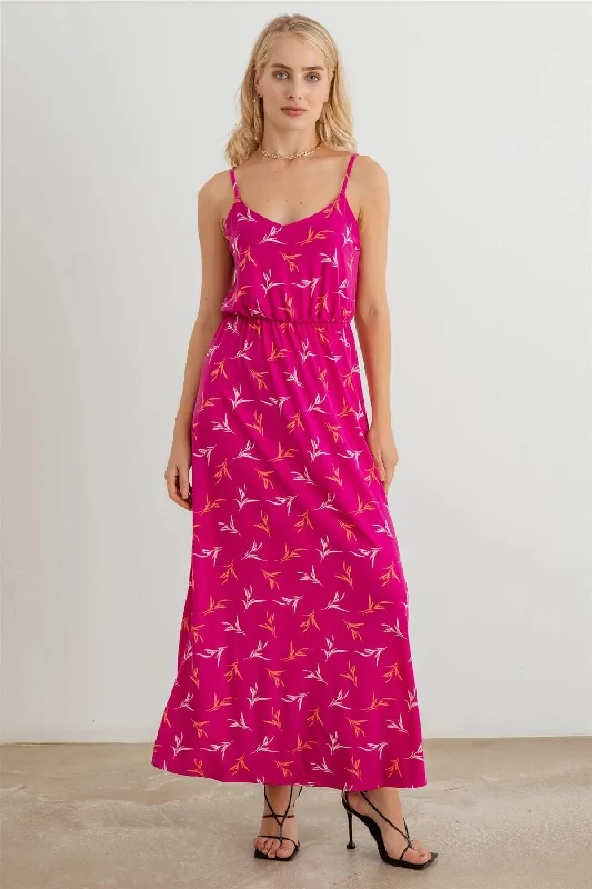 Leaf Print Sleeveless Elastic Waist Maxi Dress Tunics Trendy modern