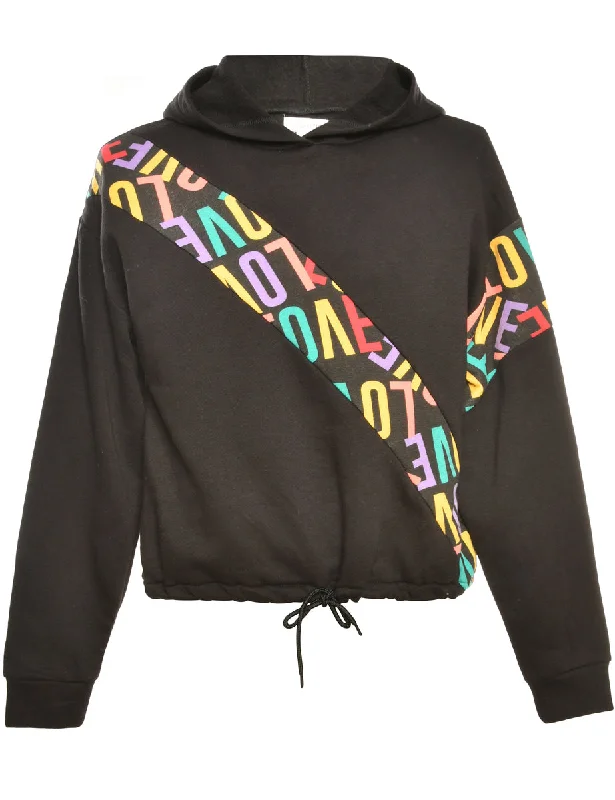 Black Printed Hoodie - L Hoodie with Hem Lace Feminine Delicate