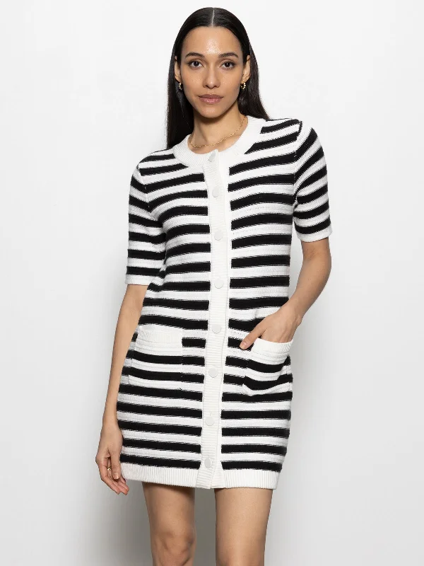 Button Front Knitted Dress Chalk And Black Stripe Crew Neckline Casual