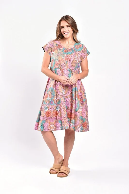 Short sleeved dress in pink cotton 3303 by Saint Lori Tunics Print Colorful