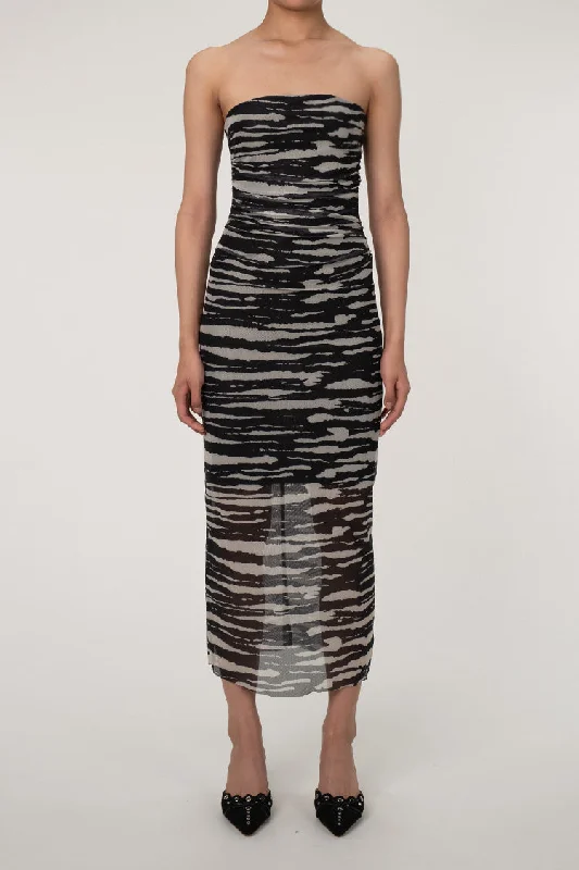 Dynamic Zebra Printed Strapless Ruched Mesh Bodycon Cocktail Midi Dress Tunics Velvet soft