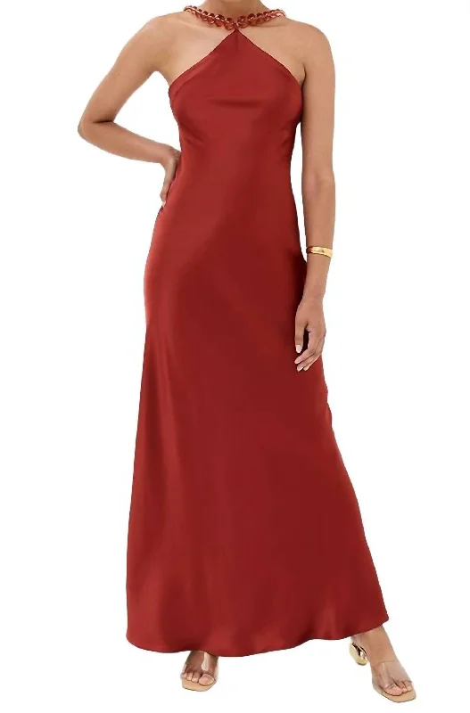 Cadence Dress In Rust Cowl Neckline Elegant