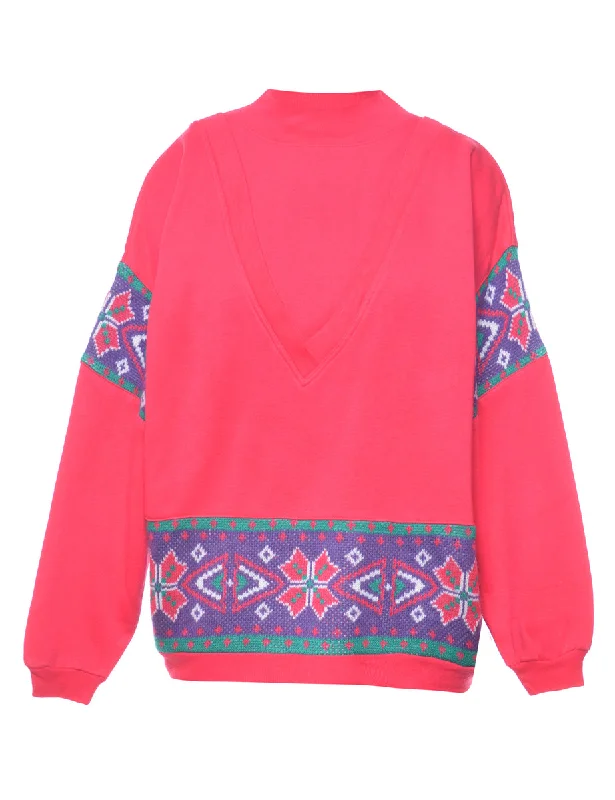 Hot Pink Printed Sweatshirt - L Hoodie with Rolled Sleeves Casual Relaxed