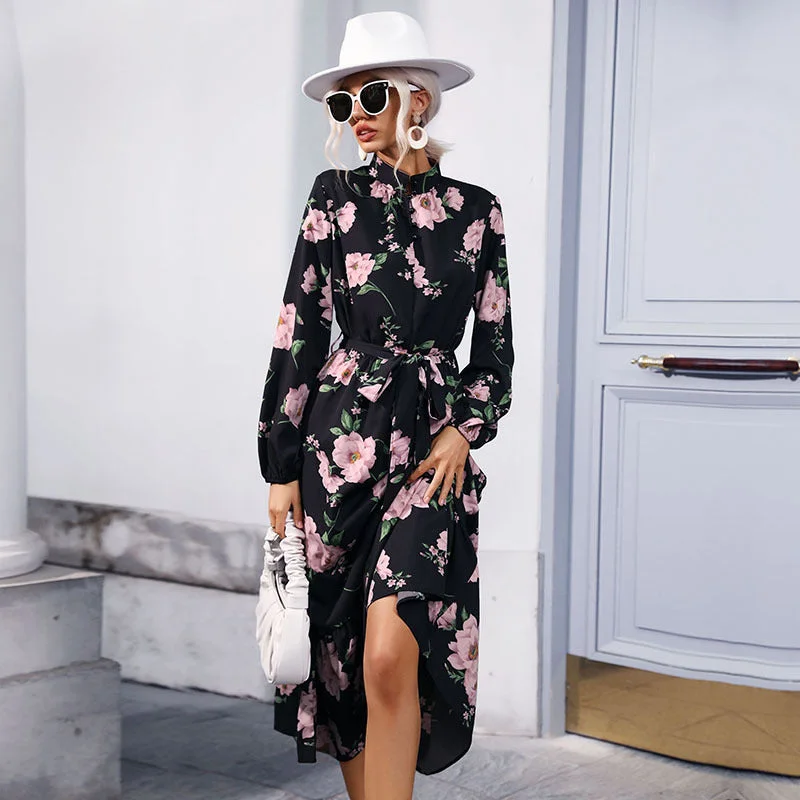 IKEARLAX cross-border  trade women's clothing spring and autumn  long dress  semi-turtleneck printed chiffon long-sleeved dress Tunics Sophisticated sleek