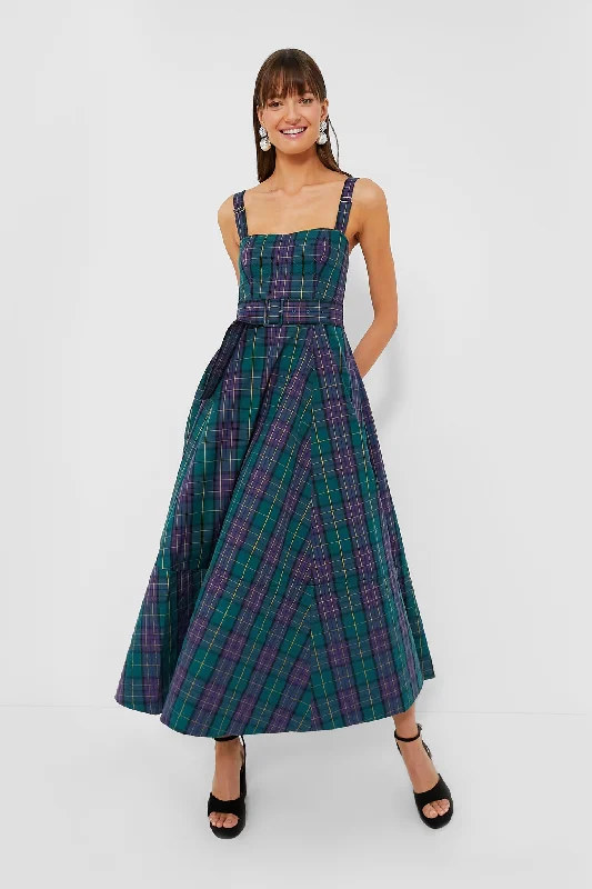 Green Tartan Plaid Thandy Dress Boat Neckline Classic