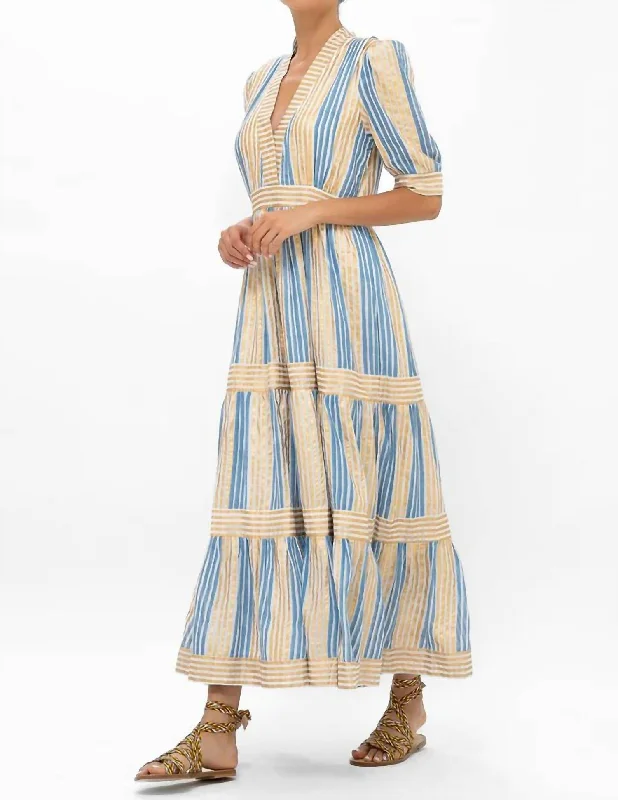 V-Neck Cuffed Maxi Dress In Blue/gold Tunics Recommended stylist
