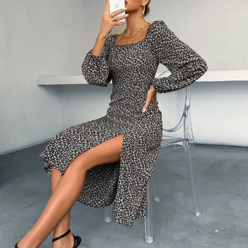 IKEARLAX women's clothing  autumn long-sleeved square neck split-ended OL  floral  trade dress Tunics Stylish elegant