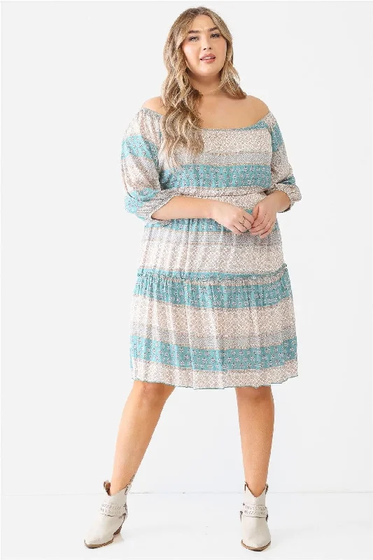 Junior Plus Sage Combo Printed Textured Ruffle Flare Hem Midi Dress /1-1-1 Tunics Stylish elegant