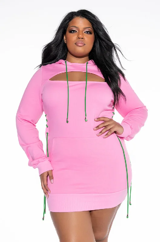 PLUS MY ALWAYS SWEATSHIRT DRESS WITH WAIST LACE UPS Hoodie with Distressed Vintage Worn