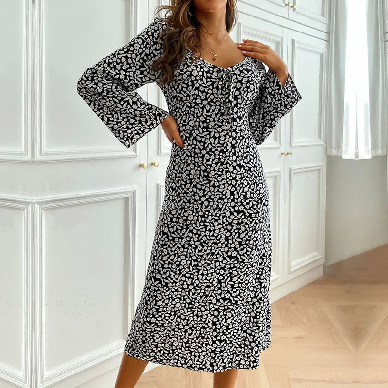 IKEARLAX   Autumn Middle East Skirt Printed Horn Long Sleeve V-Neck Strap Medium and Long Dress Women Maxi Flowy Bohemian