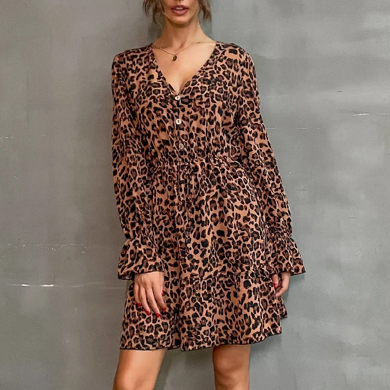 IKEARLAX  autumn   dress, horn long-sleeved v-neck leopard print skirt, cross-border fashion skirt Tunics Recommended stylist