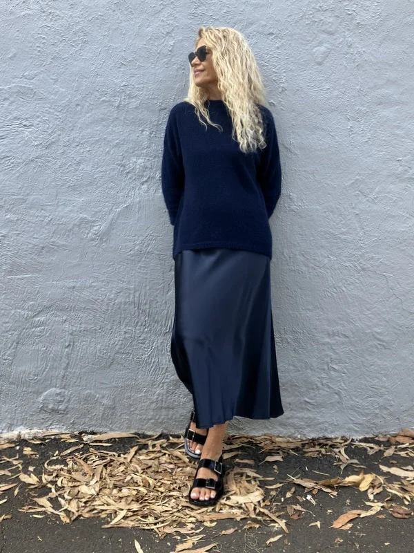 Love and Lustre Silk Chemise 3/4 Length Slip Dress - Navy Halter Neckline Beach