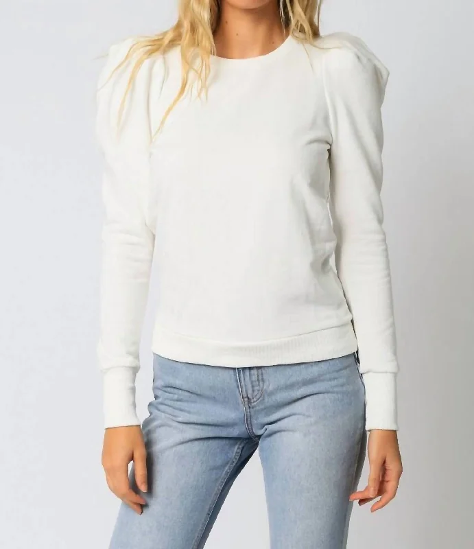 Perfect Puff Sleeve Sweatshirt in White Hoodie with Side Slits Relaxed Casual