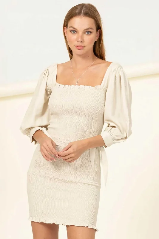 Smocked Bodycon Puff Sleeve Ruffle Hem Mini Dress Tunics Seasonal trendy