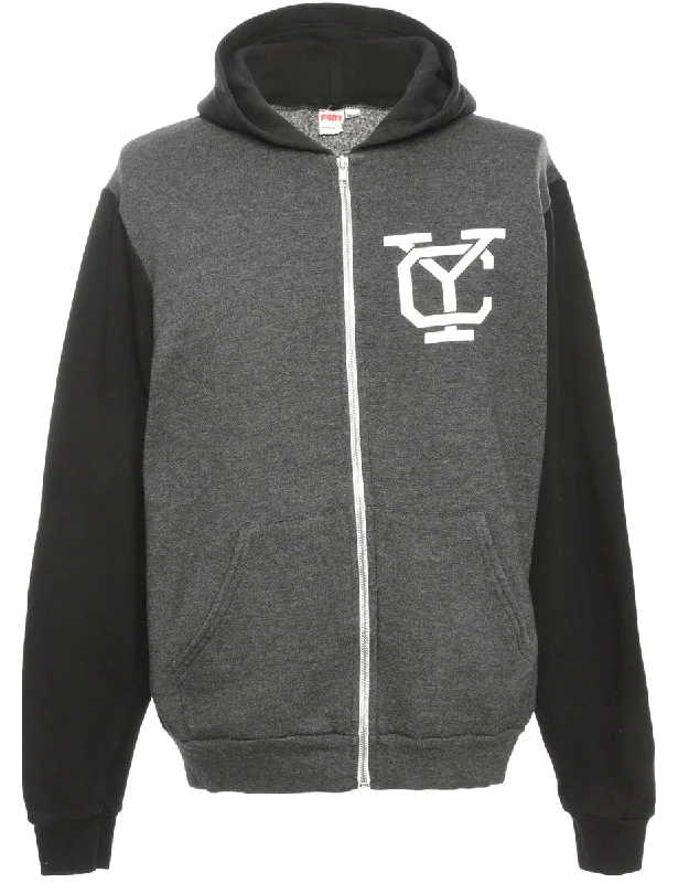Dark Grey Printed Hoodie - M Hoodie with Hem Embroidery Detailed Premium