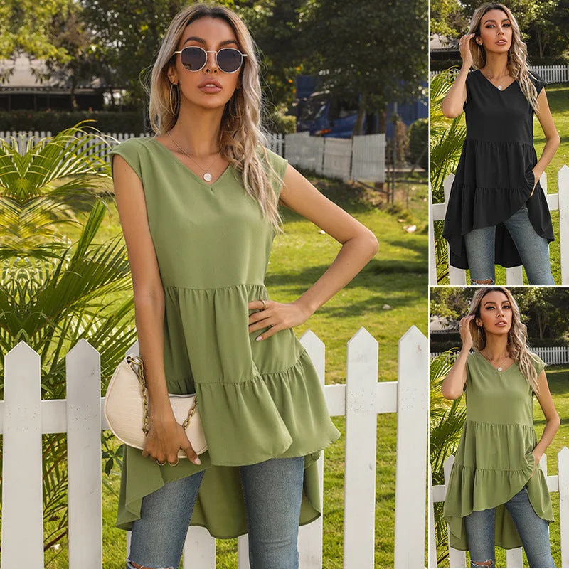 IKEARLAX Cross-border Europe, America, spring and summer  sleeveless vest cake skirt ruffle edge irregular vest suspender dress wholesale Tunics Chic elegant