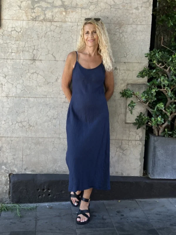 Jiva Antique Wash Linen Shoestring Slip Dress - Navy Turtleneck Warm Winter