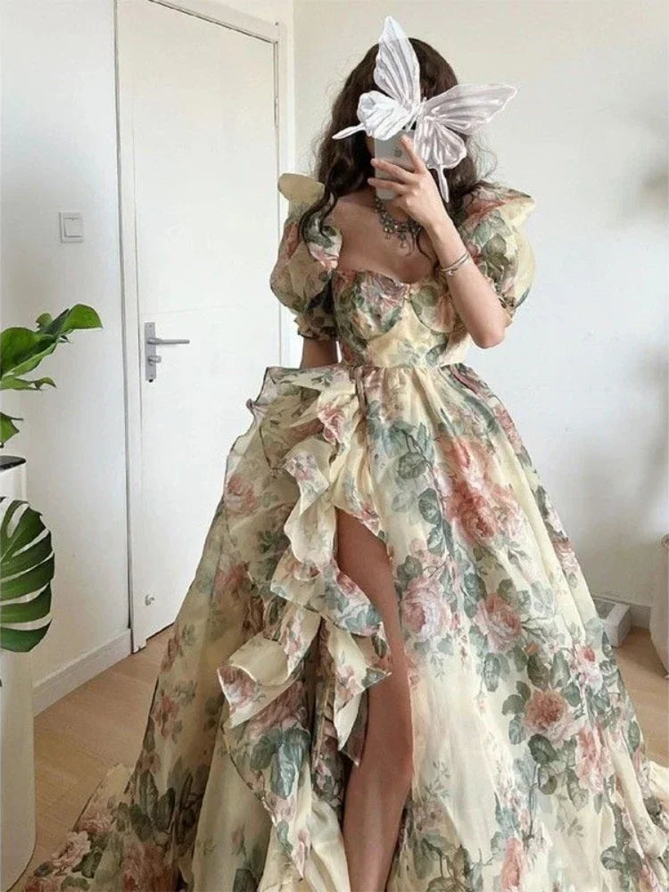 Zjkrl  -  Spring Princess Elegant Dress Women Puff Sleeve Print Y2k Evening Party Dress Female France Vintage Chic Irregular Clothes Tunics Timeless classic