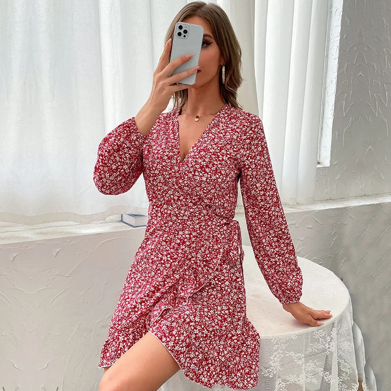 IKEARLAX  Cross-border Spring and Autumn  Women's Clothing Cardigan V-Neck Lotus Leaf Edge Floral Dress Women's Hot Trade Tunics Vintage classic