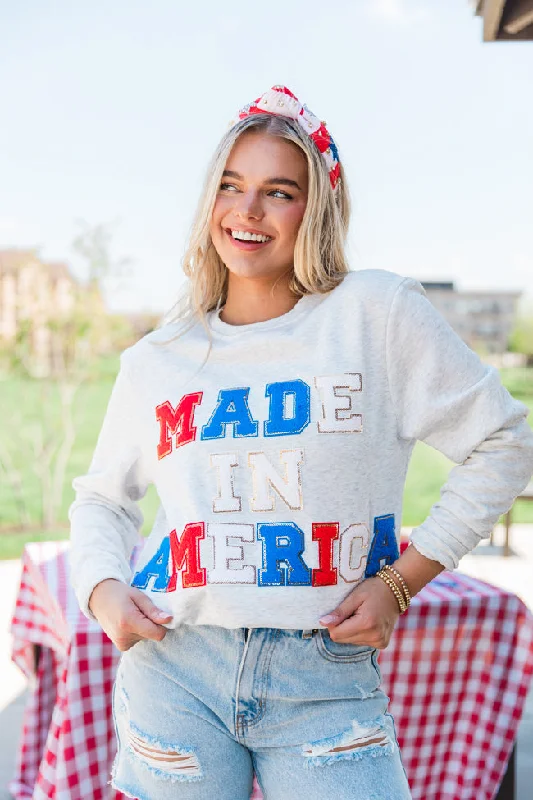 Made In America Chenille Patch Ash Graphic Sweatshirt  FINAL SALE Hoodie with Zipper Placket Modern Functional