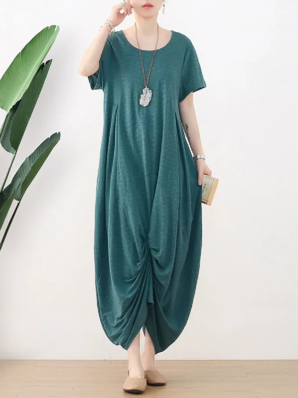 Women Summer Casual Pure Color O-Neck Dress Tunics Stylish elegant