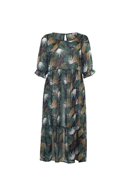 Printed Chiffon Midi Dress | GREEN BLACK PALM | 7128AR empire Waist empire