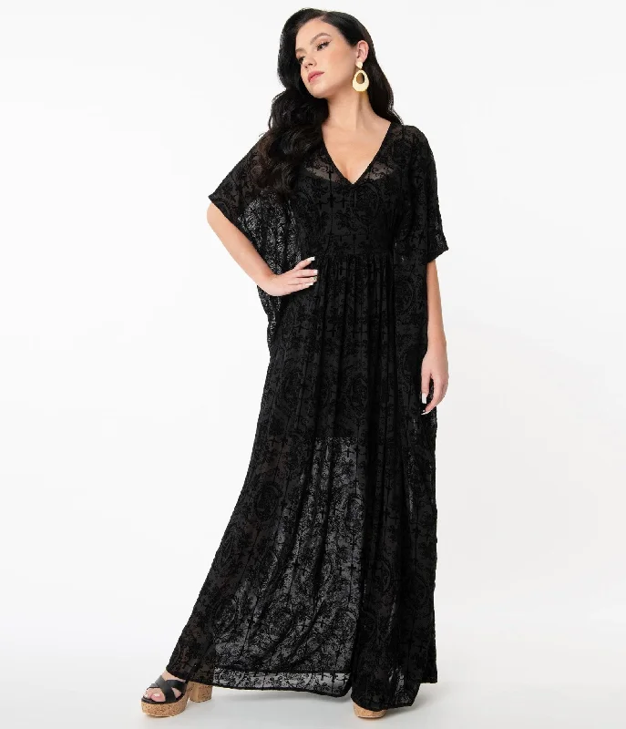Unique Vintage Black La Catrina Burnout Burton Caftan Dress Tunics Party sparkling