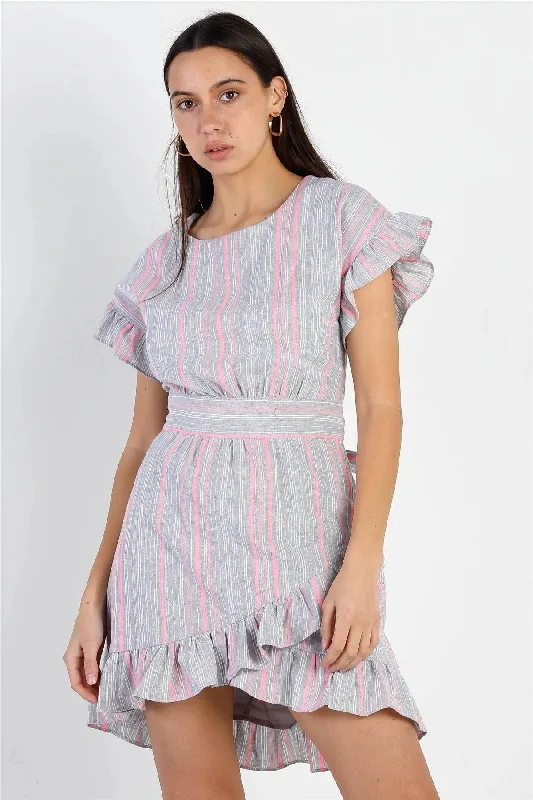 Striped Ruffle Sleeve Flare Hem Self Tie Mini Dress Tunics Travel practical