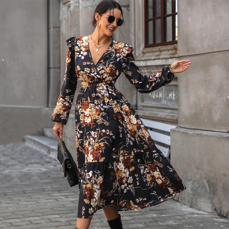 IKEARLAX New Hot Trade Wholesale Hot Sale  Women's Clothing an, n Fashion Printing Medium and Long Autumn Dresses Tunics Custom made