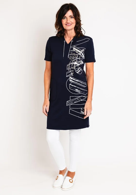Barbara Lebek Graphic Print Sweatshirt Dress, Navy Hoodie with Set-In Sleeves Structured Classic Barbara Lebek Graphic Print Sweatshirt Dress, Navy Hoodie with Set-In Sleeves Structured Classic