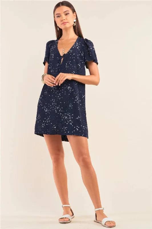 Star Print Loose Fit Deep Plunge V-Neck Mini Dress Tunics Prom sequined