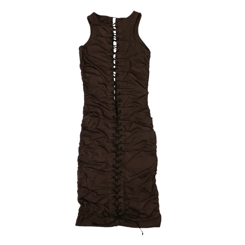 Unravel Project Gathered Lace Up Dress - Brown Tunics Sophisticated sleek