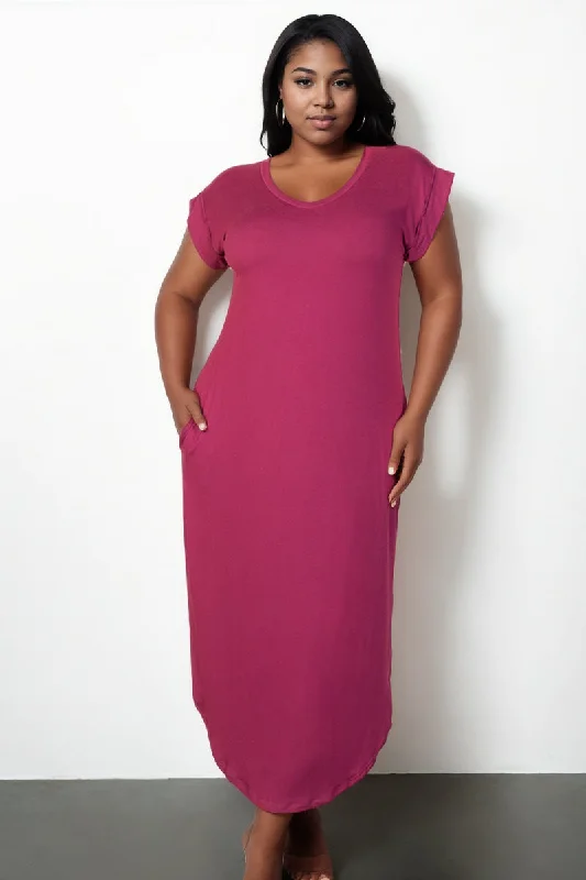 Plus Size Hidden Pocket Batwing Sleeve V Neck Long Dress Boat Neckline Classic
