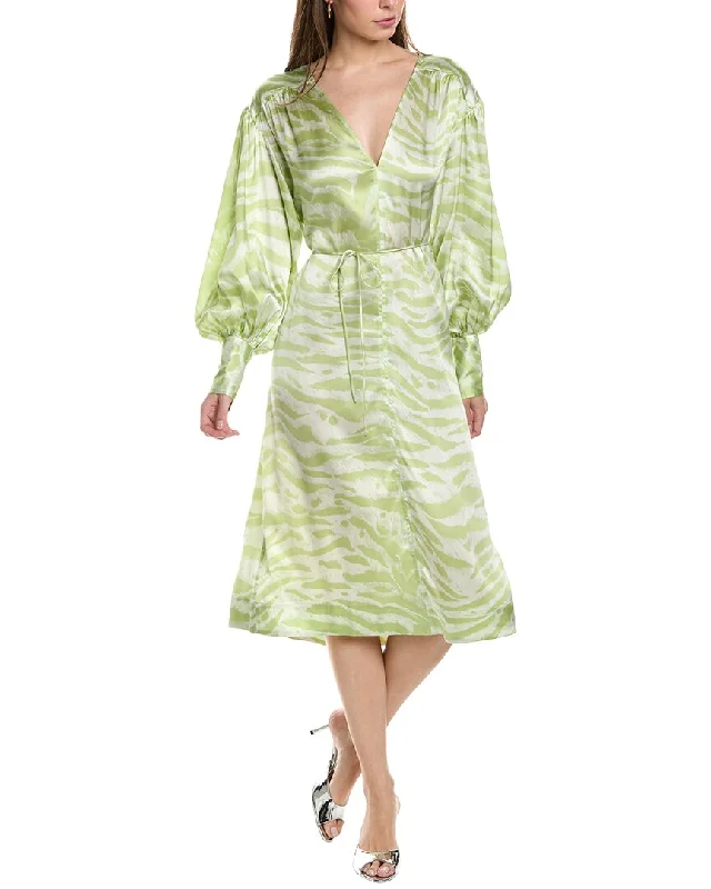 GANNI Drop-Shoulder V-Neck Silk-Blend Maxi Dress Tunics Designer luxury