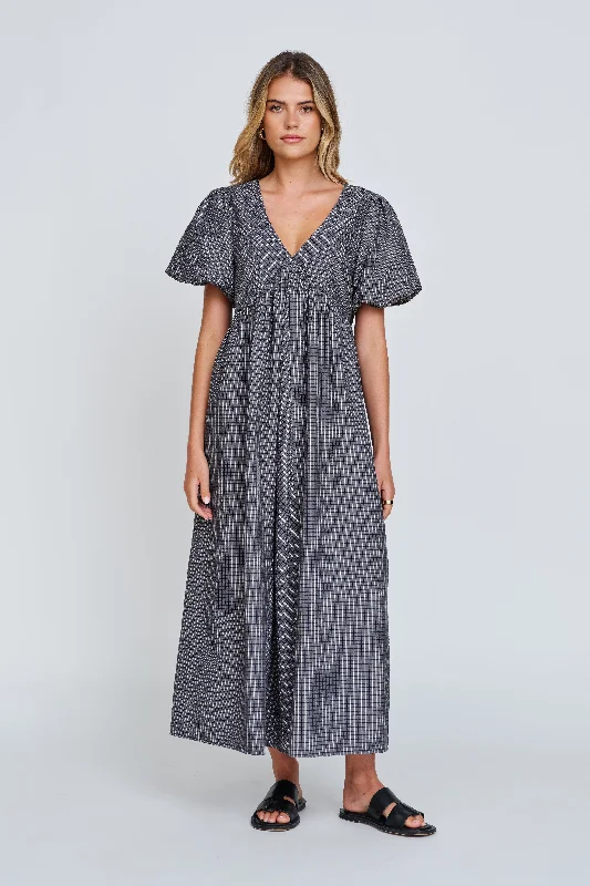 Nara Babydoll Midi Dress - Charcoal / Black Square Neckline Feminine