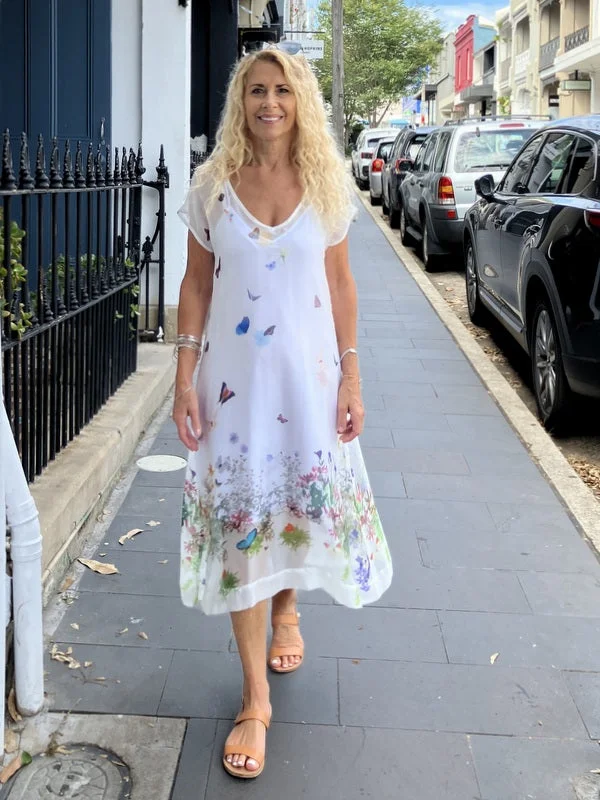 Jiva Silk Chiffon Greta Dress - Ivory w/ Butterflies and Flowers Tunics Stylish modern