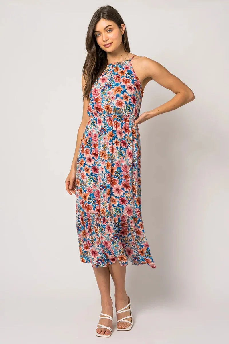 Sleeveless Floral Print Tiered Hem Midi Dress Elegant Long Evening