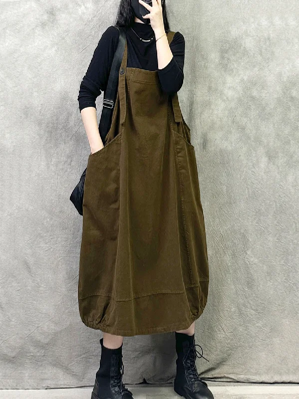 Women Spring Retro Pure Color Denim Suspender Dress empire Waist empire