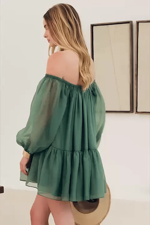 Organza Long Off Shoulder Wide Sleeve Mini Dress Tunics Trendy modern
