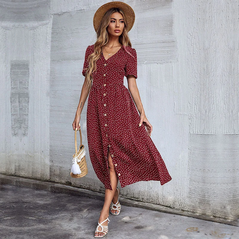IKEARLAX cross-border  summer  products  button cardigan skirt v-neck short-sleeved retro polka dot dress Tunics Velvet soft