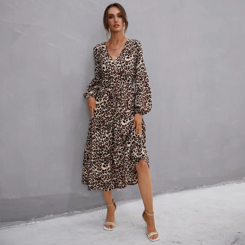 IKEARLAX cross-border  autumn   women's clothing leopard print v-neck strap ruffle edge medium and long dress sweetheart Neckline Romantic