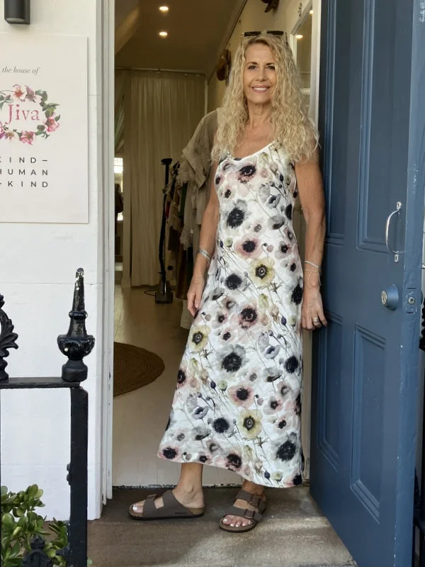 Jiva Linen Shoestring Slip Dress - Watercolour Crew Neckline Casual