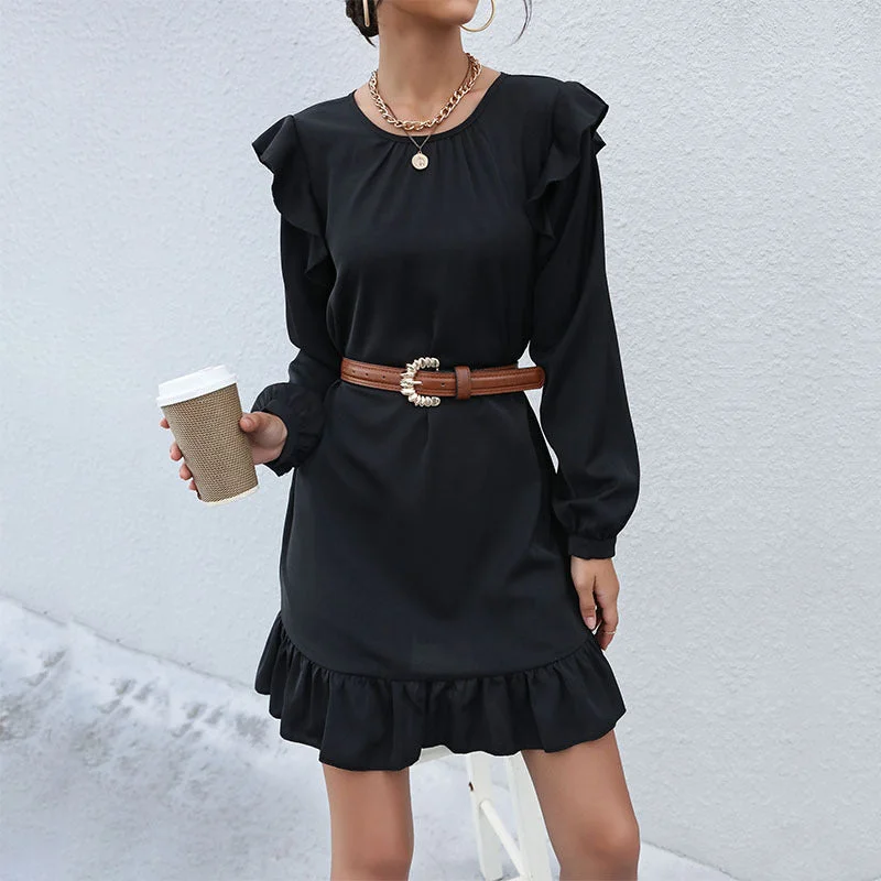 IKEARLAX   Autumn  Women's Clothing Loose Black Long Sleeve Crew Neck Pullover Ruffle Dress Tunics Stylish modern