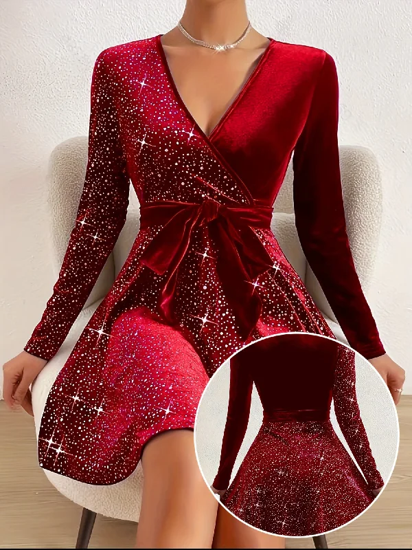 Stunning Solid Contrast Sequin Mini Dress - Elegant V Neck Long Sleeve Dresses for Women - Sparkling Evening Wear with Flattering Fit and Chic Design Tunics Velvet soft