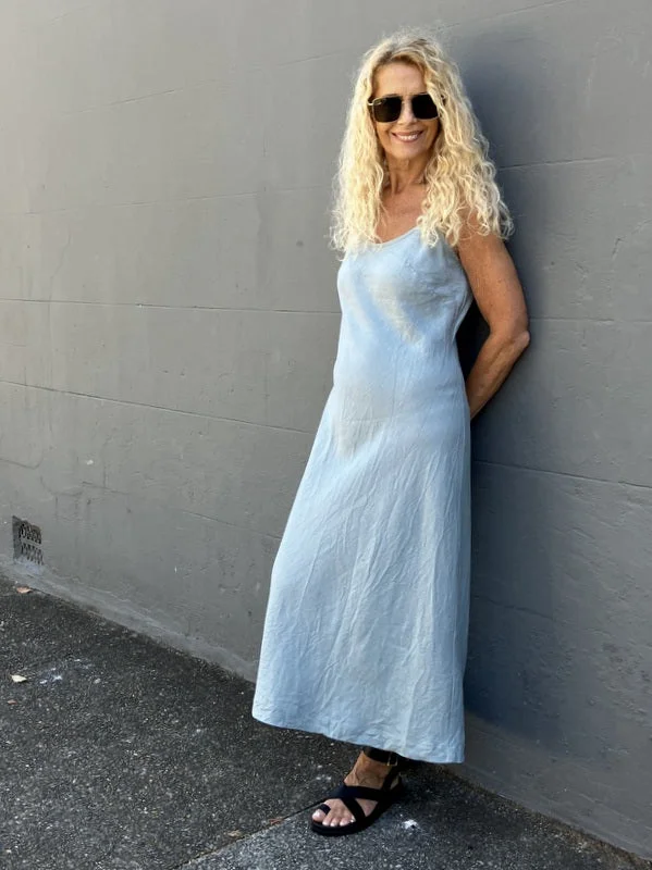 Jiva Antique Wash Linen Shoestring Slip Dress - Seaweed Turtleneck Neckline Stylish