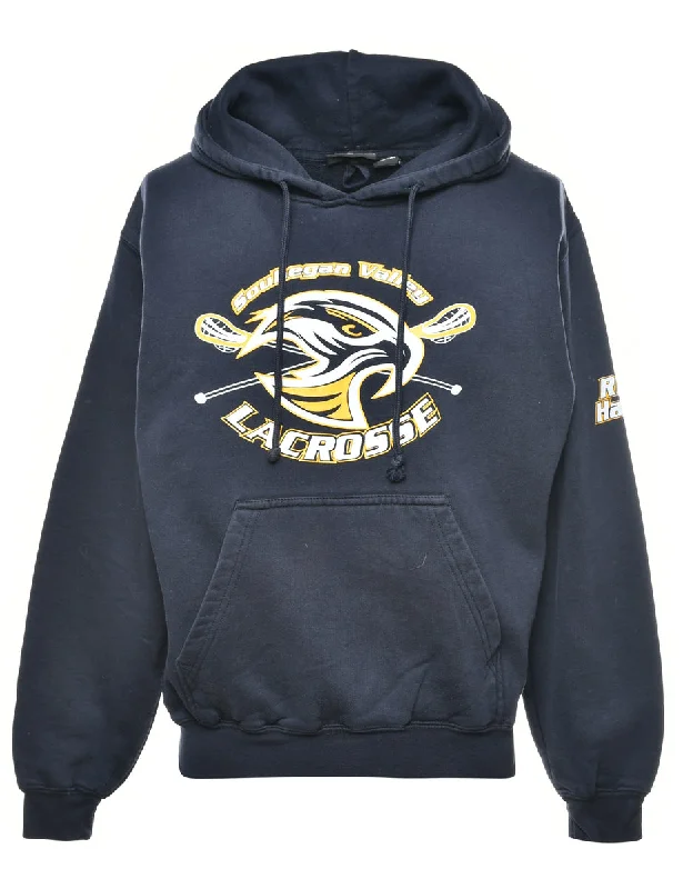Souhegan Valley Lacrosse Printed Hoodie - S Hoodie with Raw Hem Edgy Unfinished