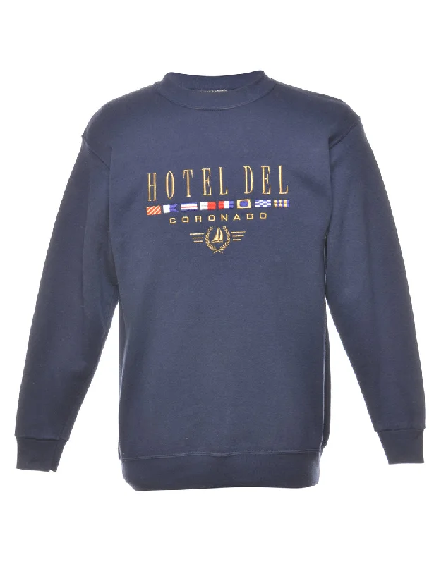 Navy Oneita Hotel Del Printed Sweatshirt - S Hoodie with Thumb Holes Functional Cozy